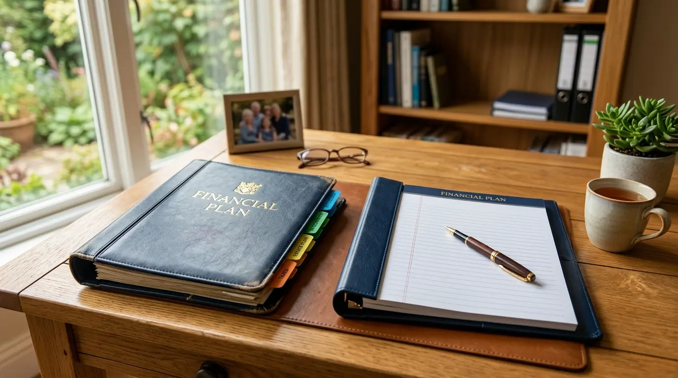 Two financial plan binders placed side by side on a desk, one worn from years of use and one fresh and open to a blank page, representing the idea of reviewing an existing plan with a fresh, independent look.