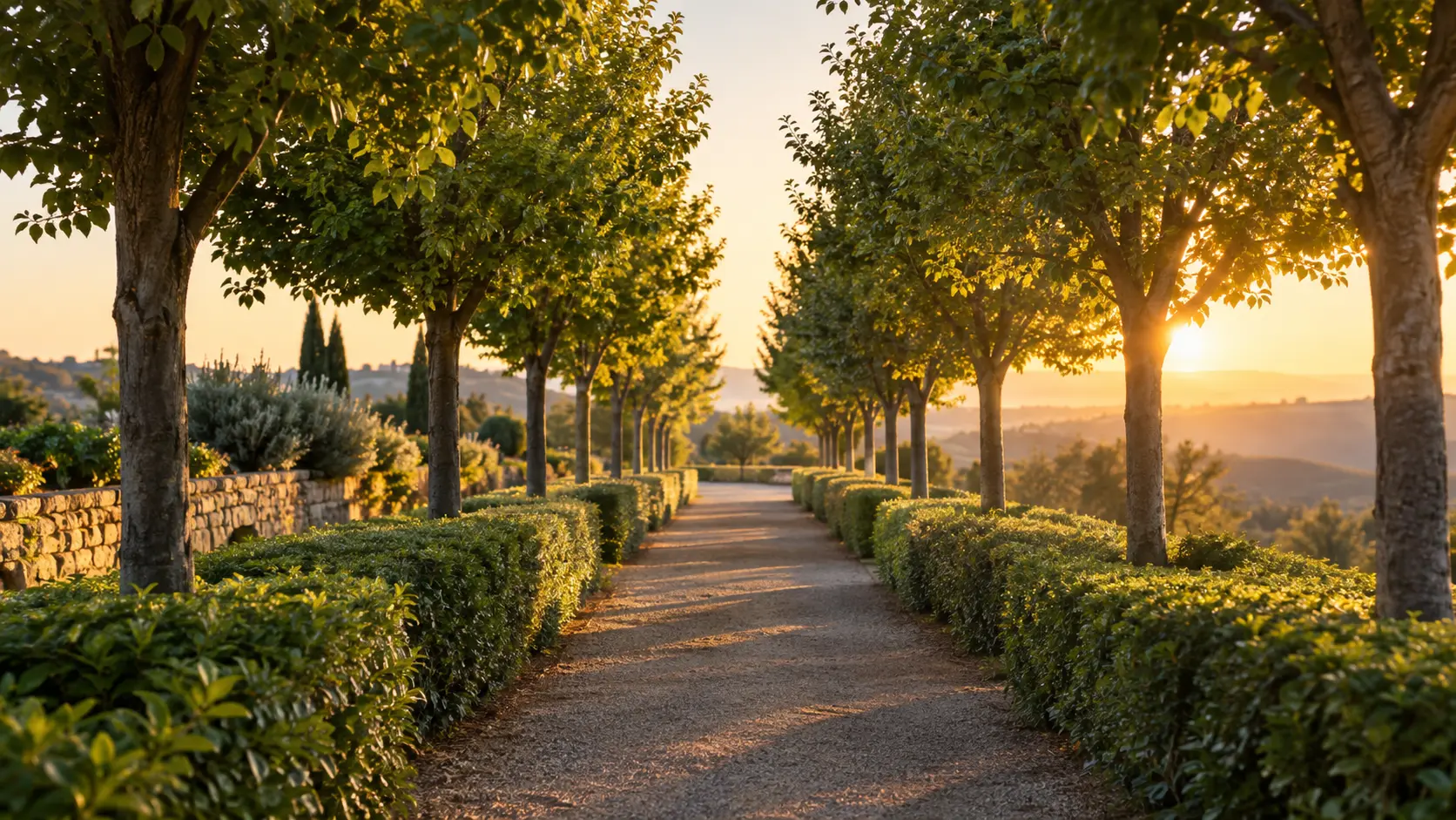 A garden path gradually narrowing as it recedes toward a soft, sunlit horizon, lined with evenly spaced trees, in warm early-morning light.