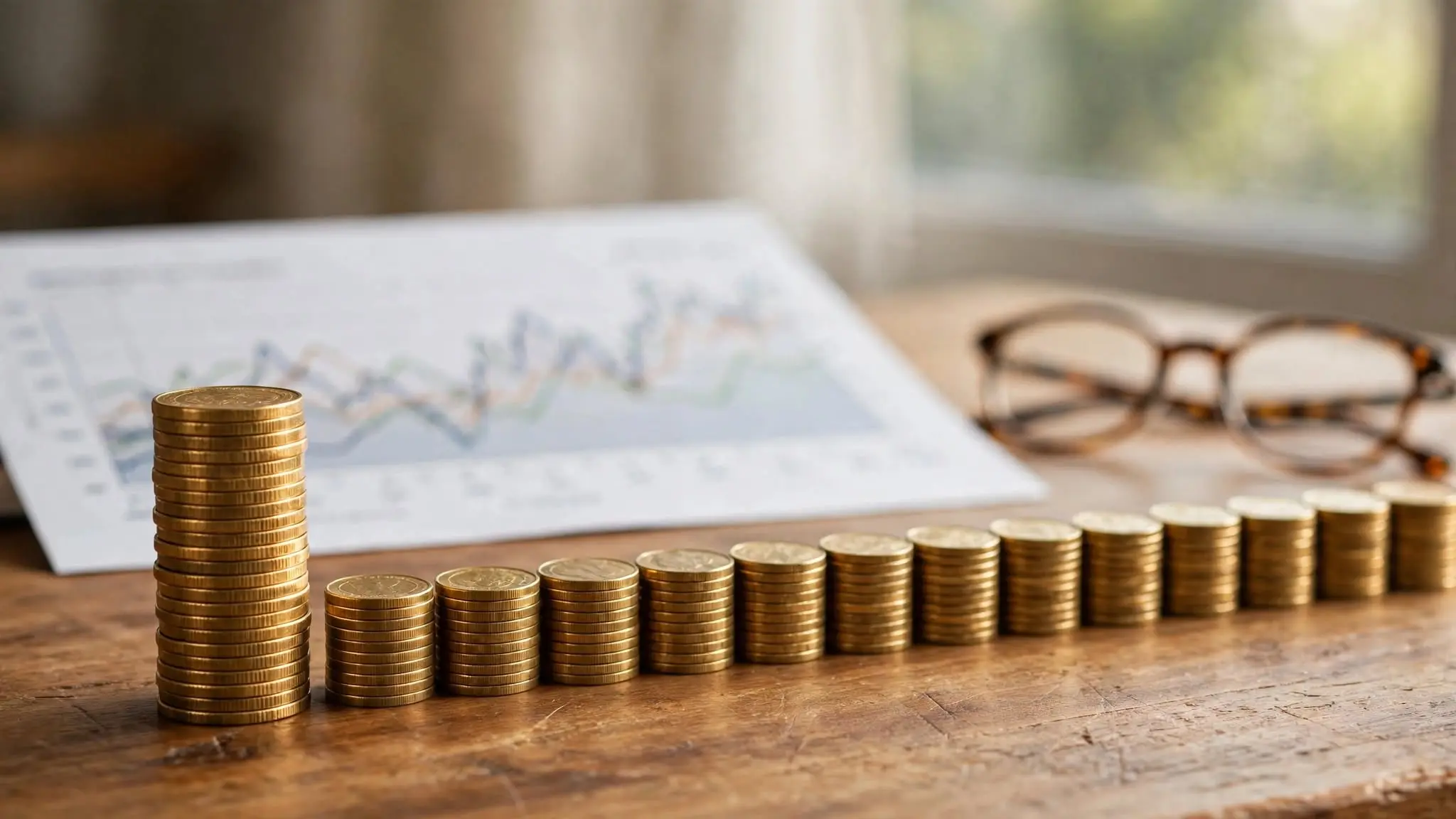 A single tall stack of coins standing beside a wide, even row of smaller coin stacks on a wooden desk, with a printed long-term stock chart slightly out of focus behind them.