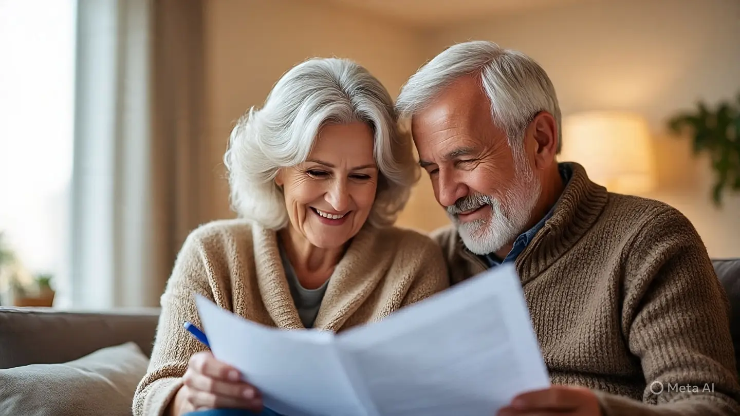 Happy senior reviewing Social Security documents at home with a spouse, representing the decision to claim benefits early.