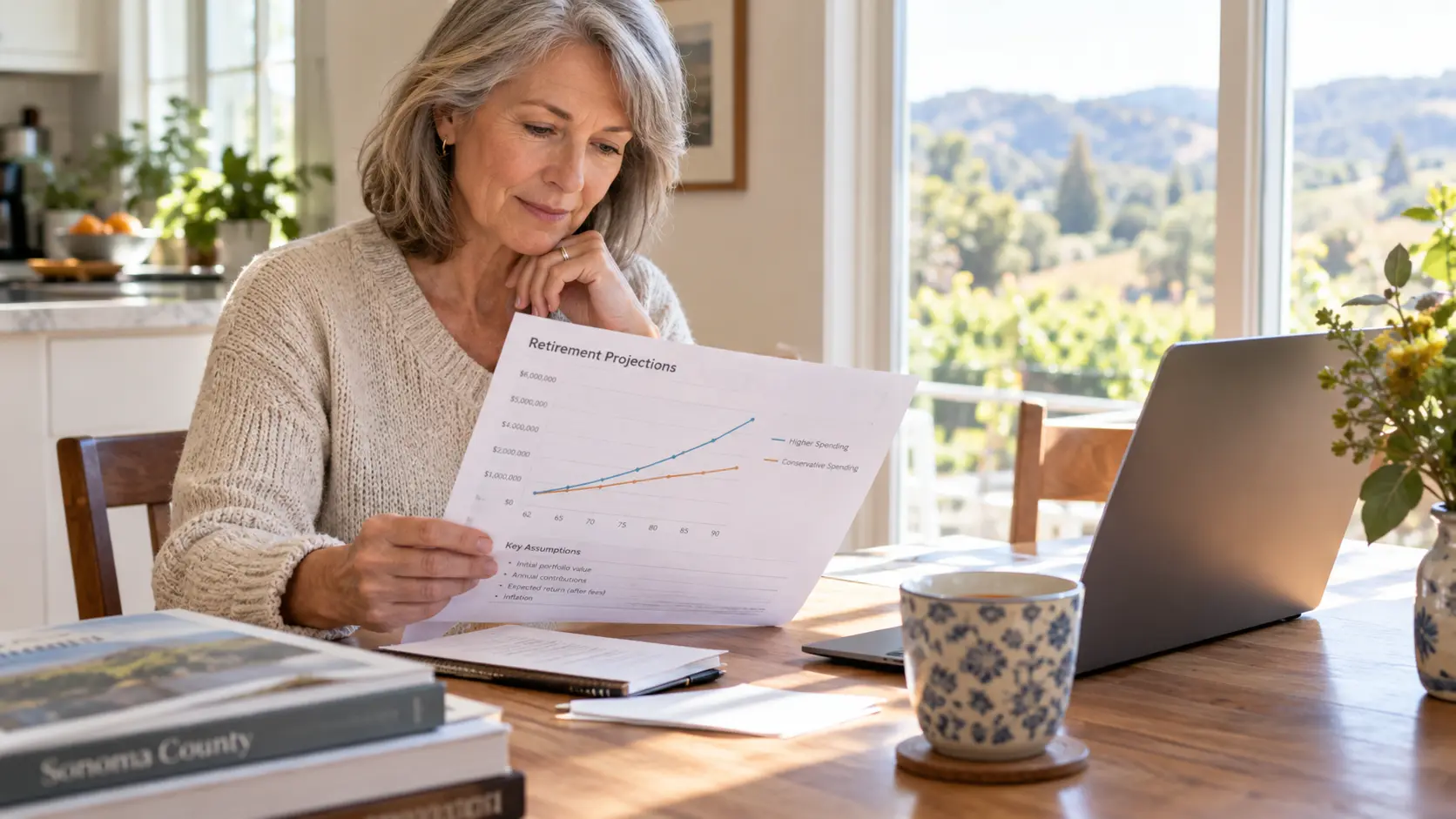A retired woman in her early 60s sitting at a sunlit kitchen table in a Sonoma County home, reviewing a printed retirement projection with two diverging lines while a laptop and a cup of tea sit nearby.