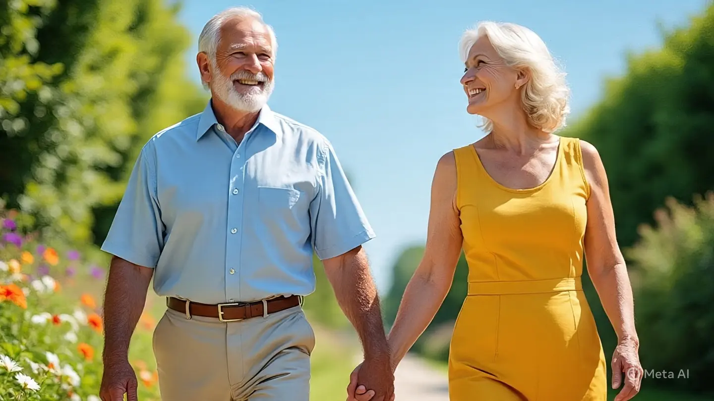 Confident senior couple smiling and walking outside, representing peace of mind after making smart retirement choices.
