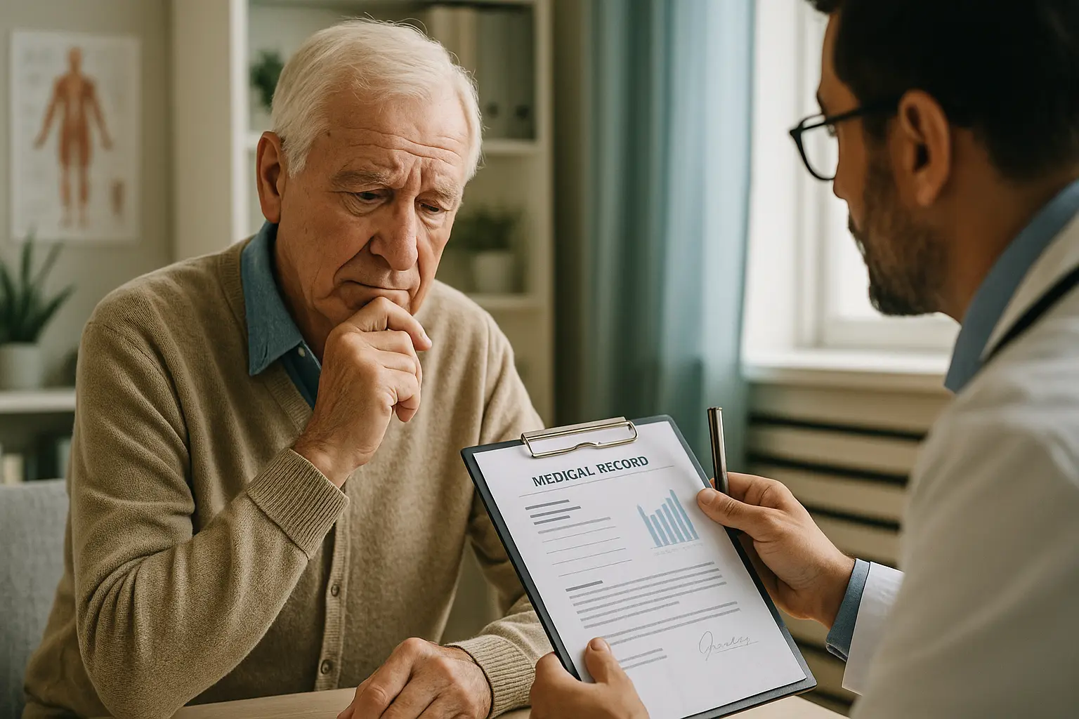 Senior man at a doctor's office reviewing health records, symbolizing health-related decisions around Social Security.