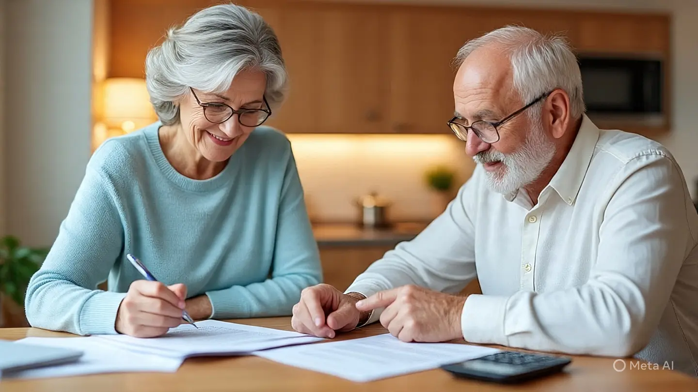 Senior couple reviewing financial documents at the kitchen table, representing coordinated Social Security claiming strategies.