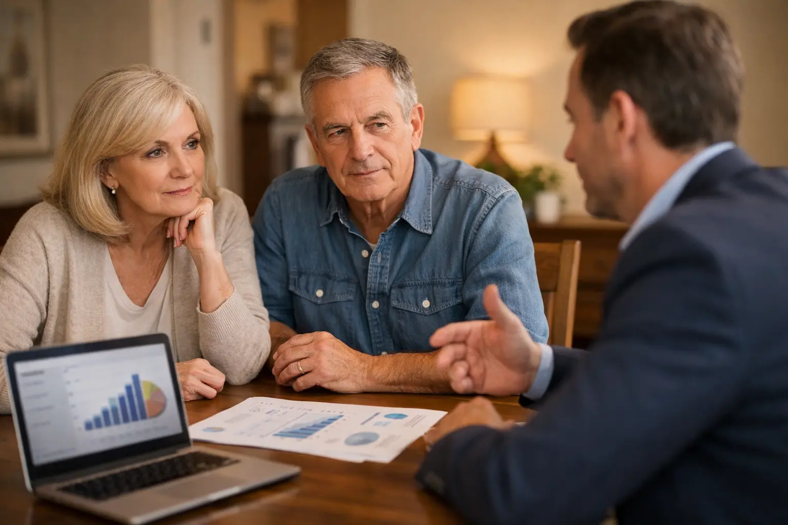 Retired couple reviewing a retirement income projection with a financial planner, representing the complexity of Social Security taxation and the tax torpedo effect.