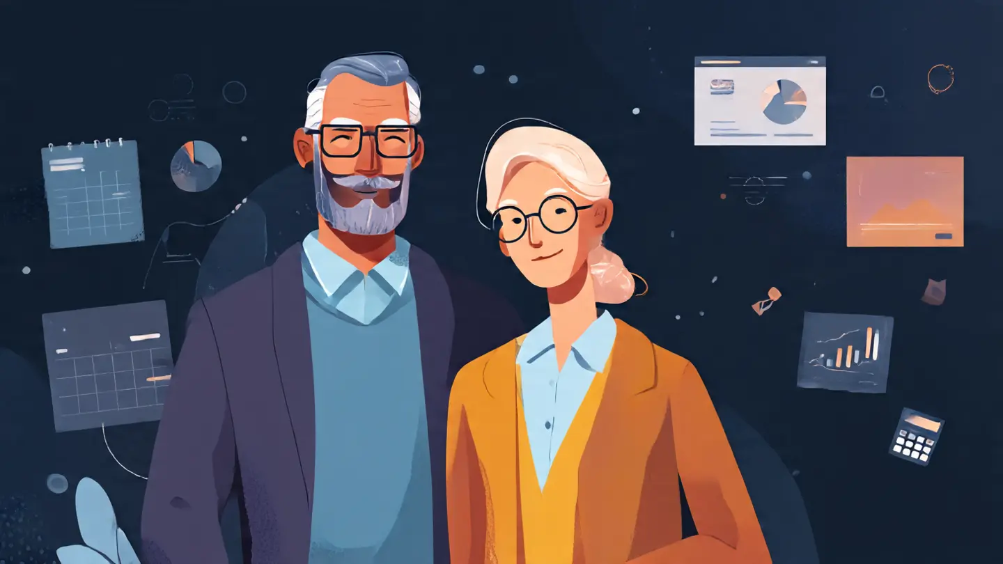 Couple in their 60s planning Social Security benefits with charts, calendars, and calculators.