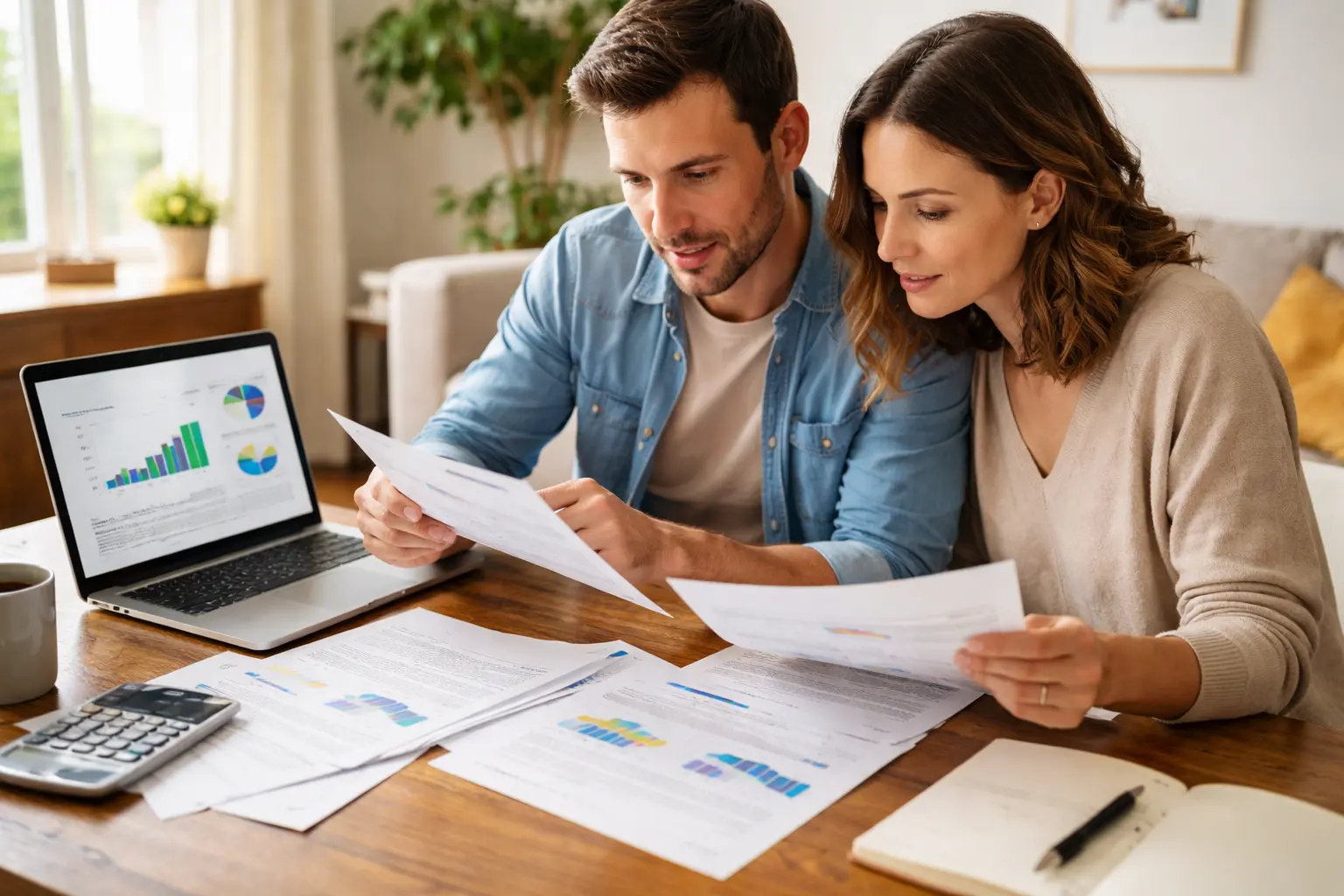 A couple in their mid-30s reviewing investment account statements at a desk with a laptop showing portfolio charts, representing a review of how investments are placed across different account types.