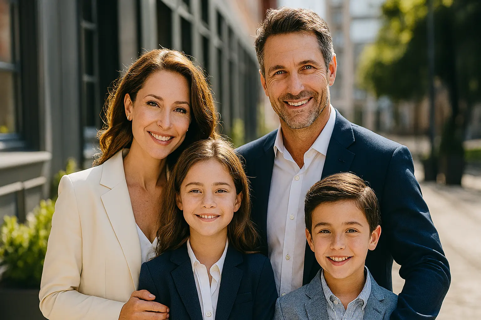 Family of four smiling together representing high-income earners planning their taxes and savings.