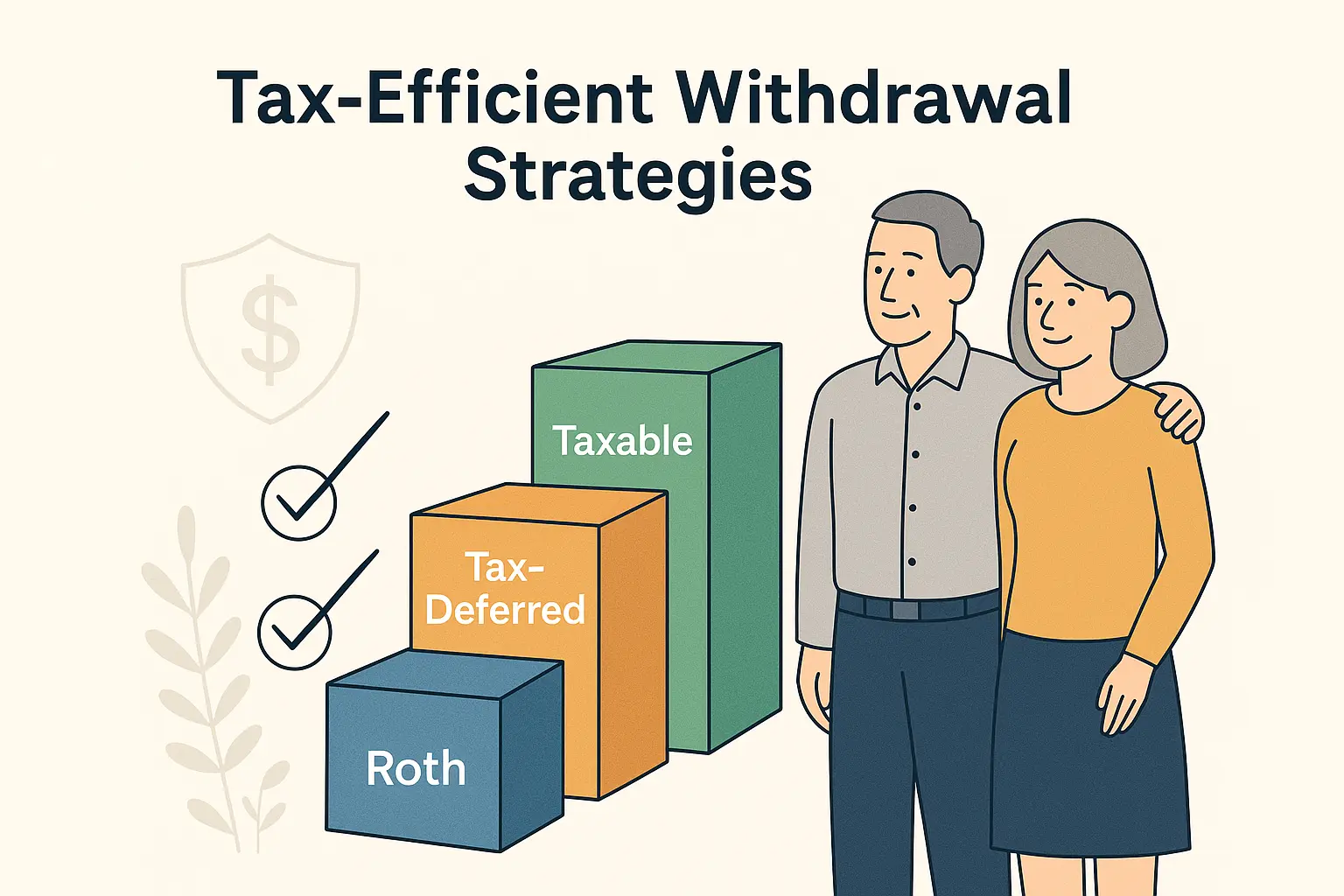 Senior couple with chart showing taxable, tax-deferred, and Roth retirement account withdrawals labeled 'tax-efficient withdrawals.