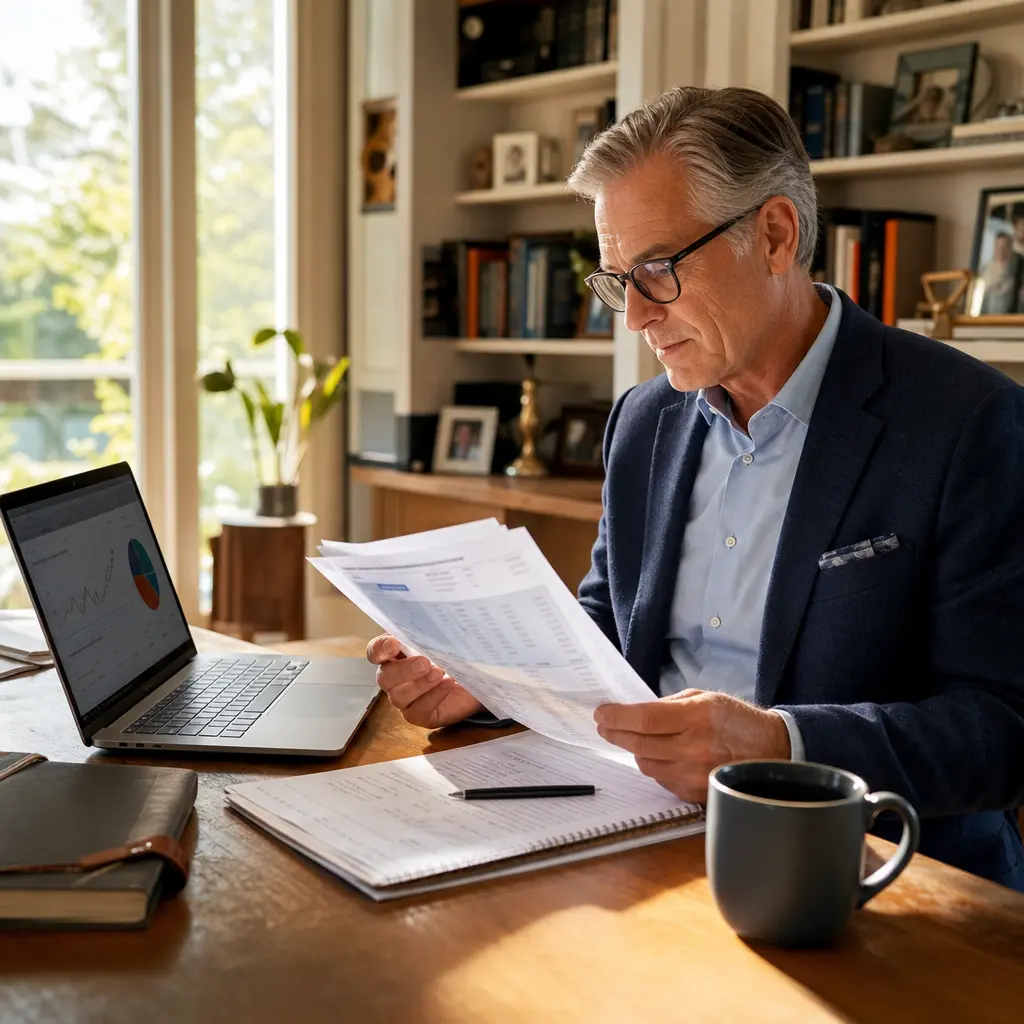 A near-retiree reviewing a brokerage account statement at a home office desk with warm afternoon light, representing a deliberate review of unrealized gains for tax planning in a low-income year.