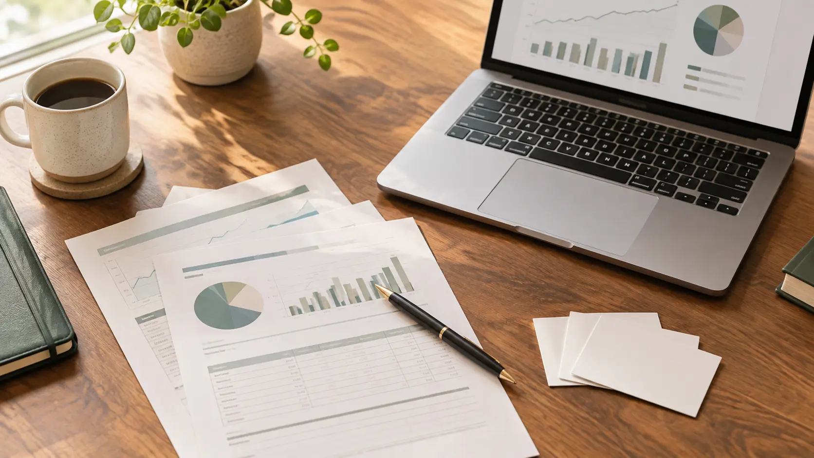 A desk with several financial documents and business cards fanned out beside a laptop, representing the range of advisor types and compensation structures a household might compare.