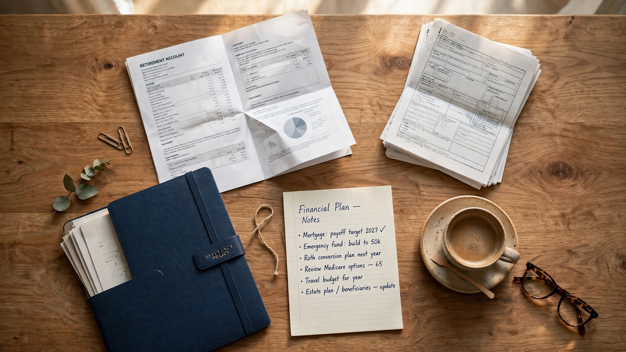 An overhead flat-lay of several distinct financial documents, a retirement account statement, a tax document, an insurance policy folder, and a handwritten financial plan outline, arranged together on a wood table, representing the range of coordinated planning work behind an advisor relationship.