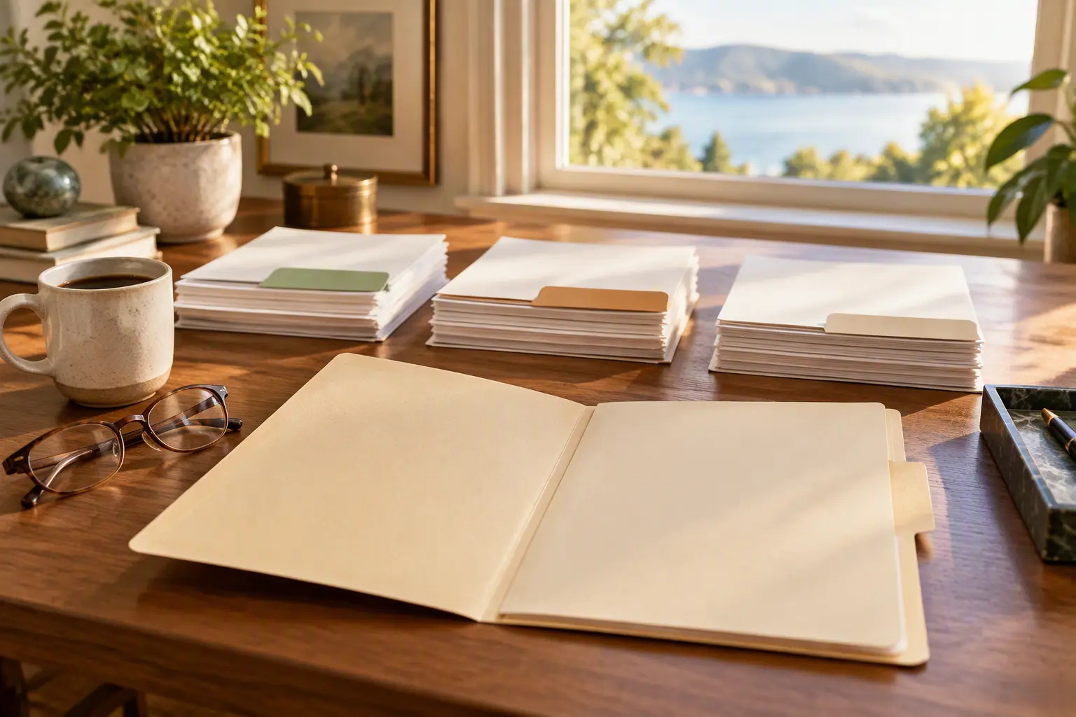 A wooden desk at a sunny window with a single open folder and three neat stacks of paper beside it, each with a different colored tab, representing the choice of leaving a 401(k) in place, rolling it into an IRA, or cashing it out.