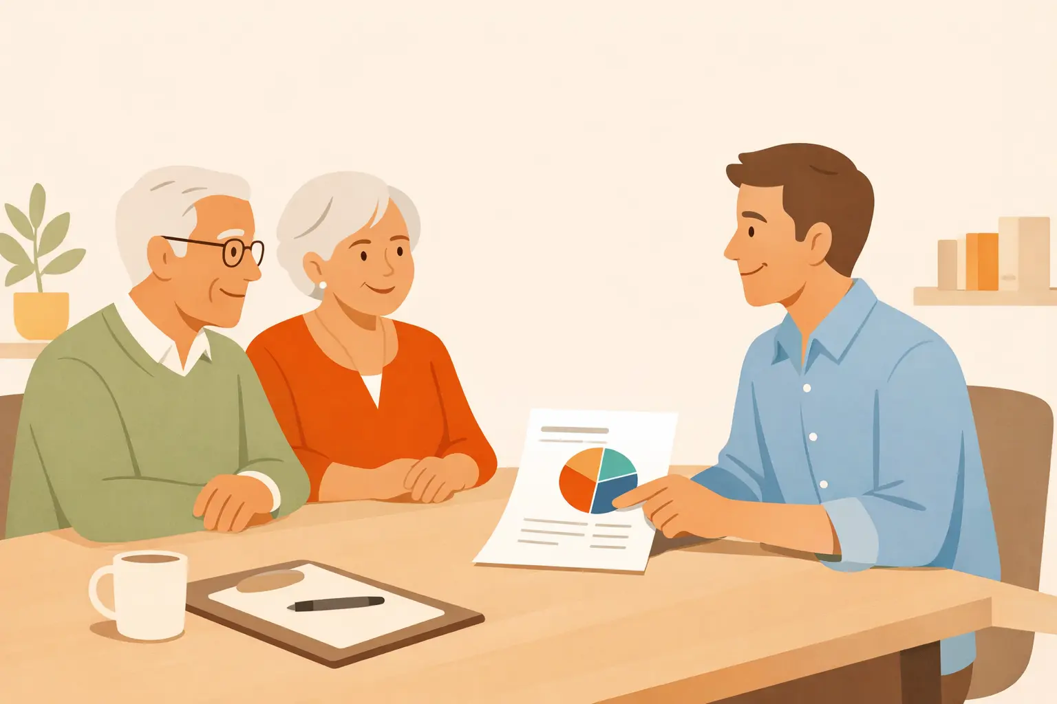 Retired couple reviewing retirement income plan with a financial advisor, representing why a total return approach may be better than the bucket strategy.