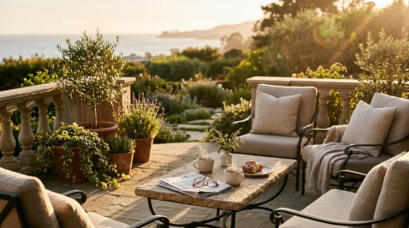 A well-appointed home patio at golden hour with two coffee cups, a folded newspaper, and reading glasses on a small table, overlooking a soft-focus garden view, evoking the ease of a well-planned retirement.